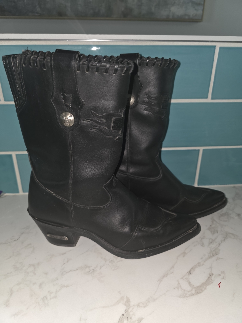 Harley-Davidson Black Leather Women's Western Boots with Concho Accent - Picture 1 of 16